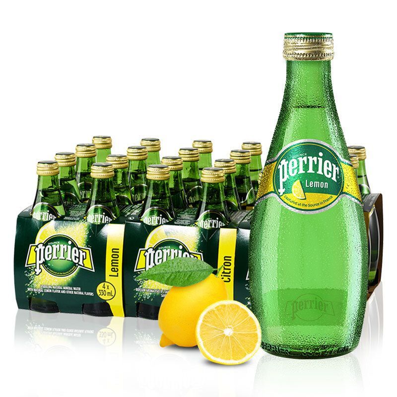 法国原装进口 巴黎水(Perrier) 柠檬味 含气天然矿泉水 330ml*24瓶(玻璃瓶) 整箱装