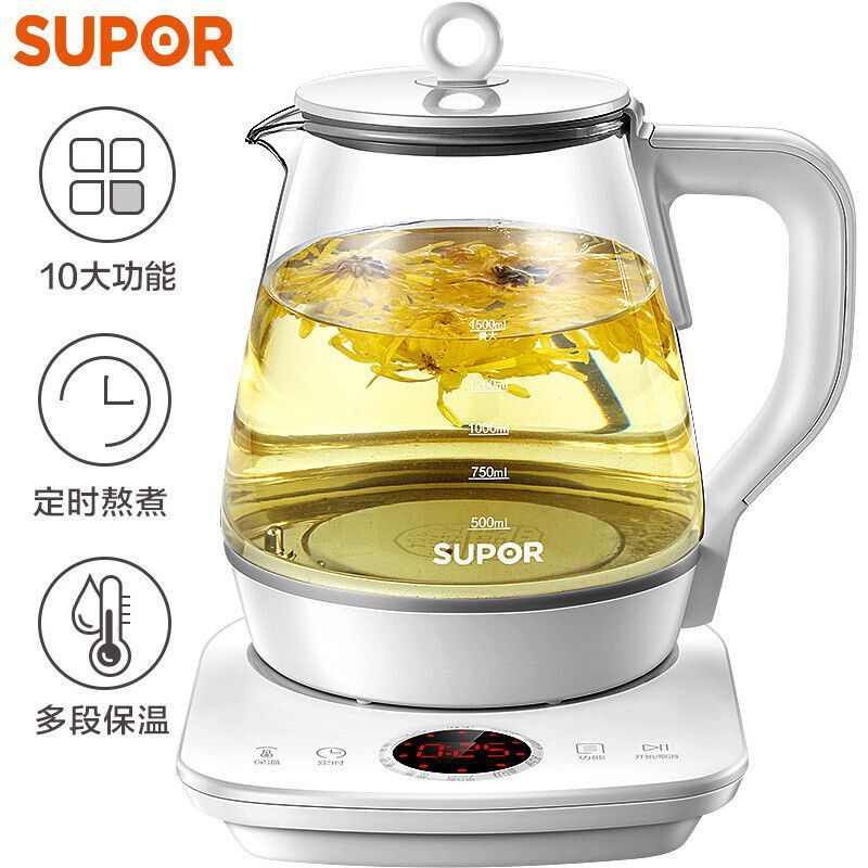 苏泊尔（SUPOR）茶壶1.5L 养生壶 SW-15YJ28 玻璃 煮茶壶 电水壶烧水壶电热水壶 花茶壶电煮茶器